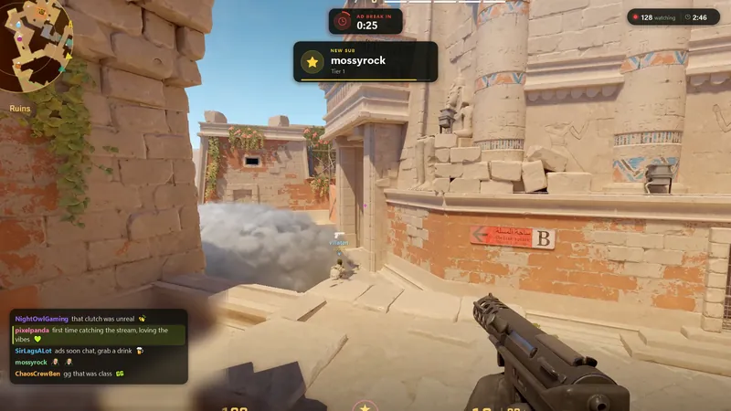 The ad break countdown going red with 25 seconds left, and a new sub alert