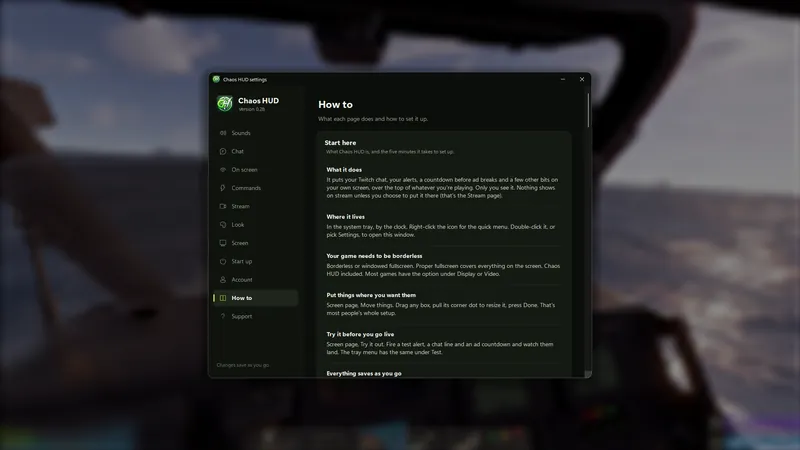 The How to page inside the app, explaining each page and setting