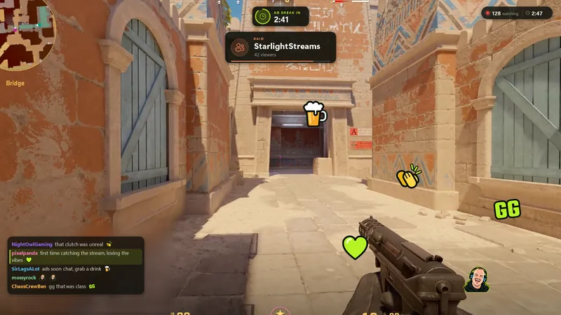 Chaos HUD over a game: chat, a raid alert, the ad countdown and the viewer count