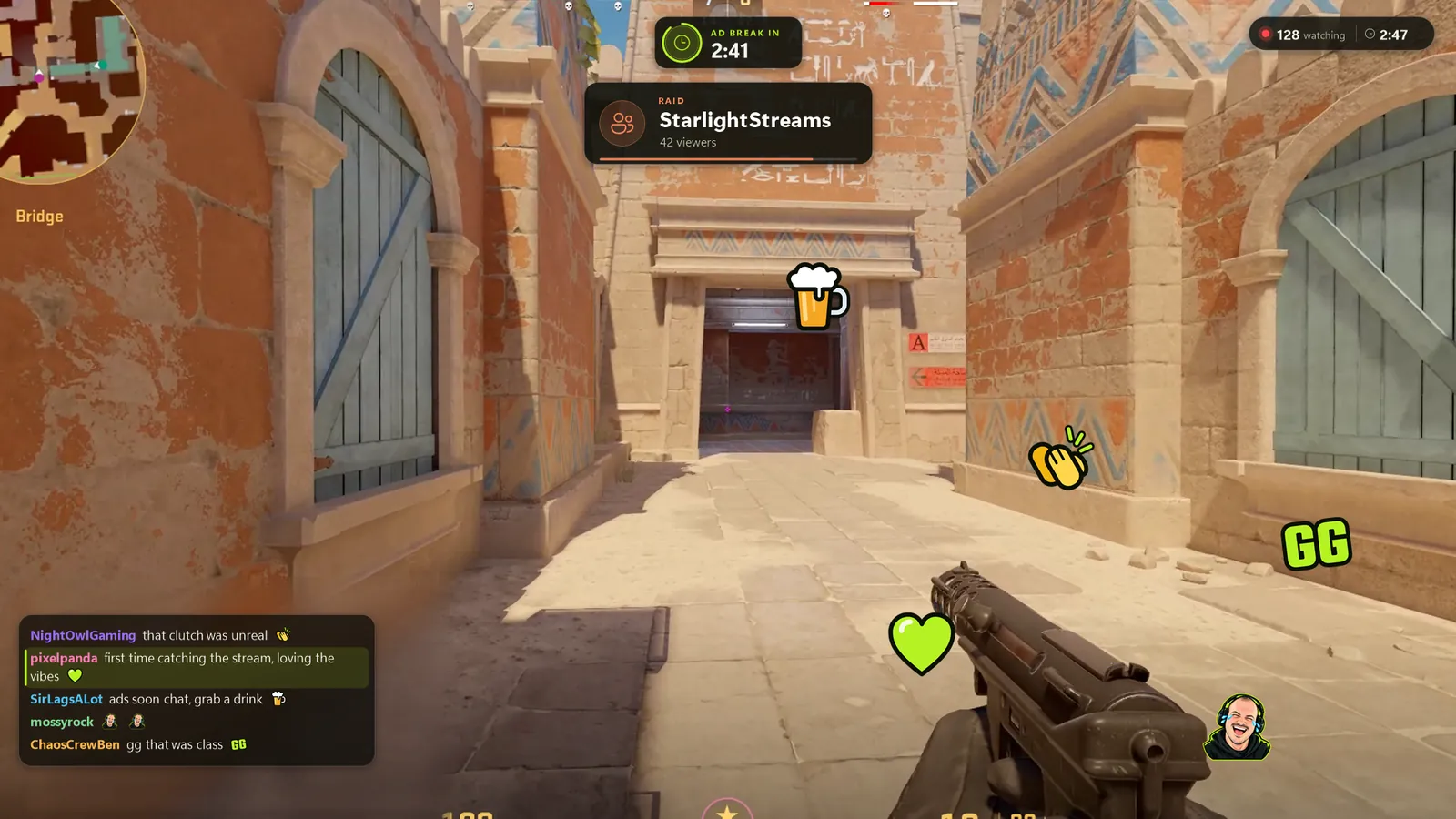 Chaos HUD over a game: chat in the corner, a raid alert, the ad break countdown and the viewer count