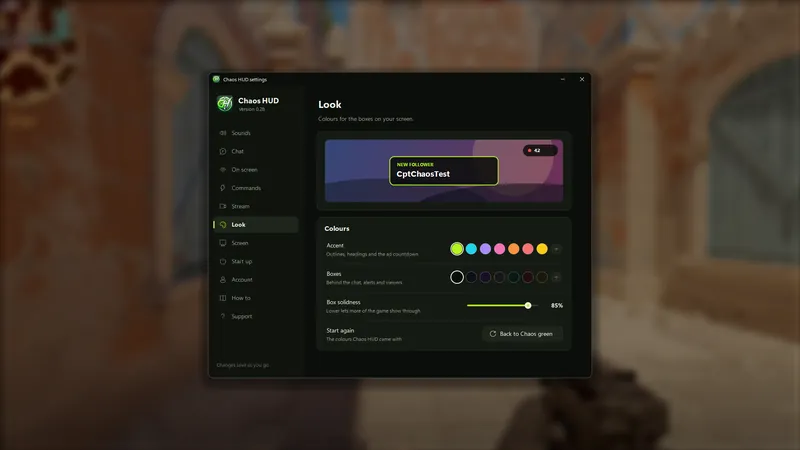 The Look page: a live preview, colour chips for the accent and the boxes, and a solidness slider