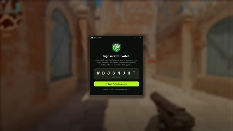 The sign-in window: a code to check, and a button that opens Twitch to approve it