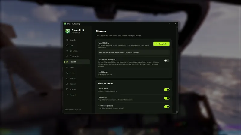 The Stream page: the OBS link, and a switch for each part that can go on stream