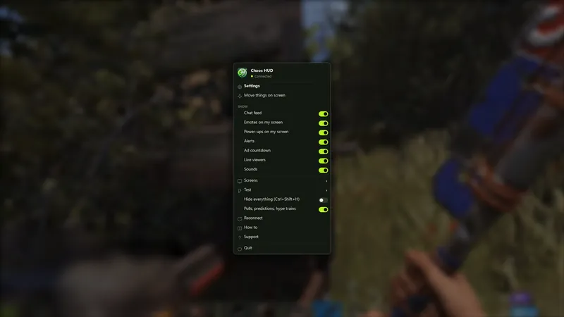 The tray menu: switches for each part, screens, test, reconnect
